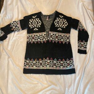 Love By Design Black Open-Front Cardigan with Multicolor Geometric Accents